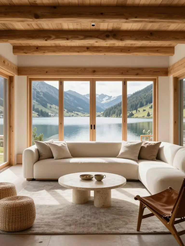 A bright mountain cottage living room overlooking a calm alpine lake, designed in Warm Minimalist with Modern Rustic influences.