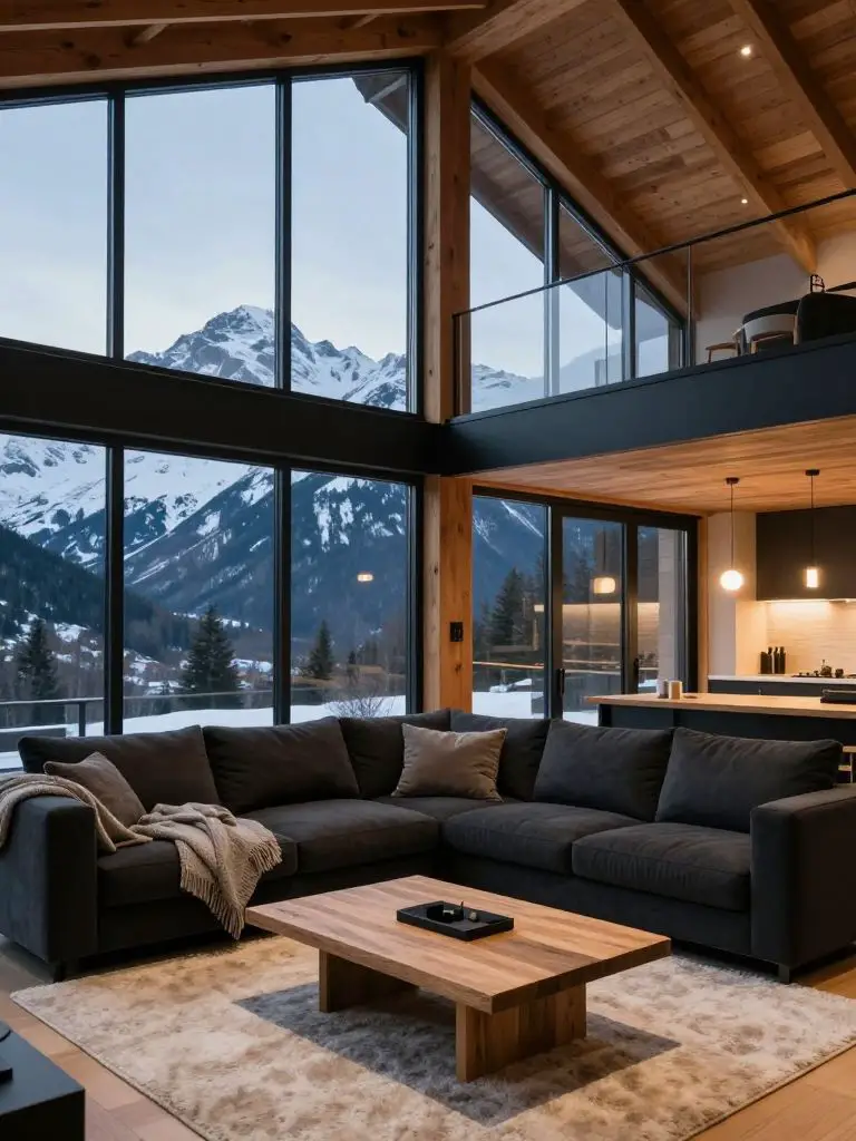 A modern mountain cabin living room with dramatic floor-to-ceiling black-framed windows overlooking snowy peaks.