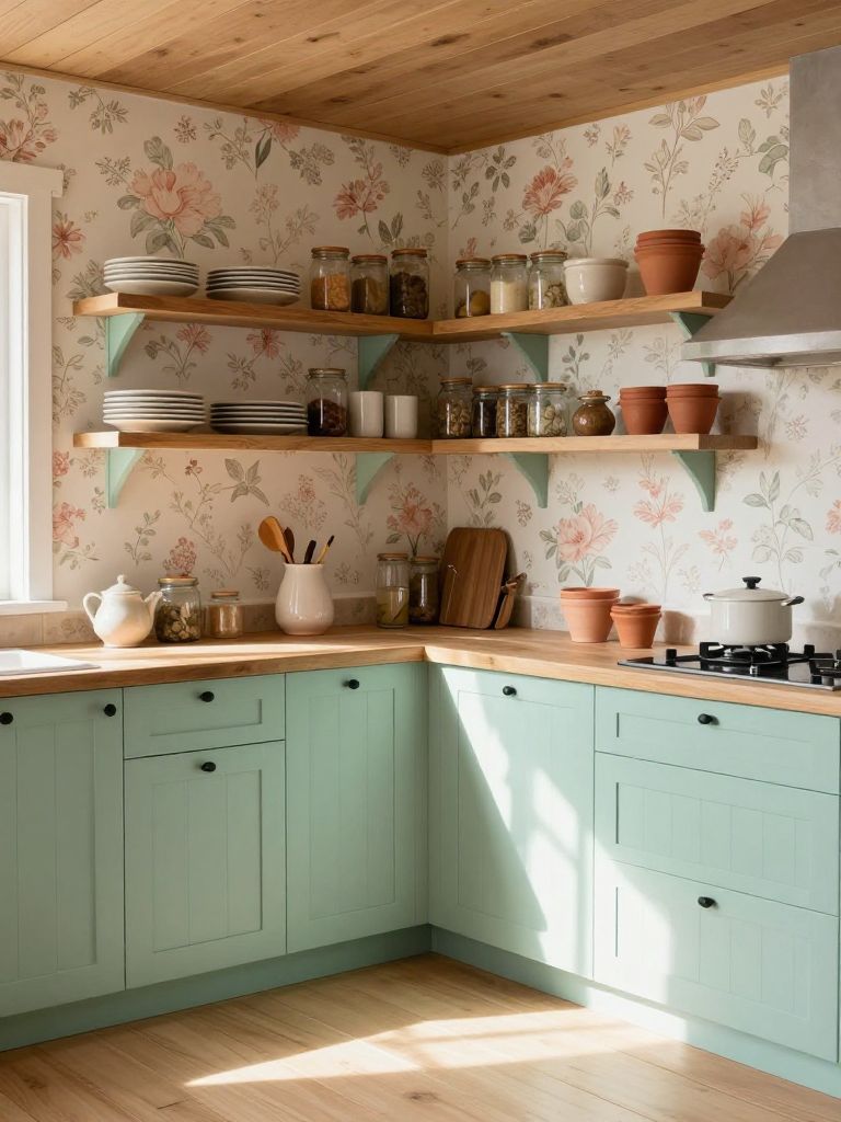 A cozy cottage earthy kitchen with mint green cabinetry, floral wallpaper in muted rose and sage tones, and honey-toned wood countertops.