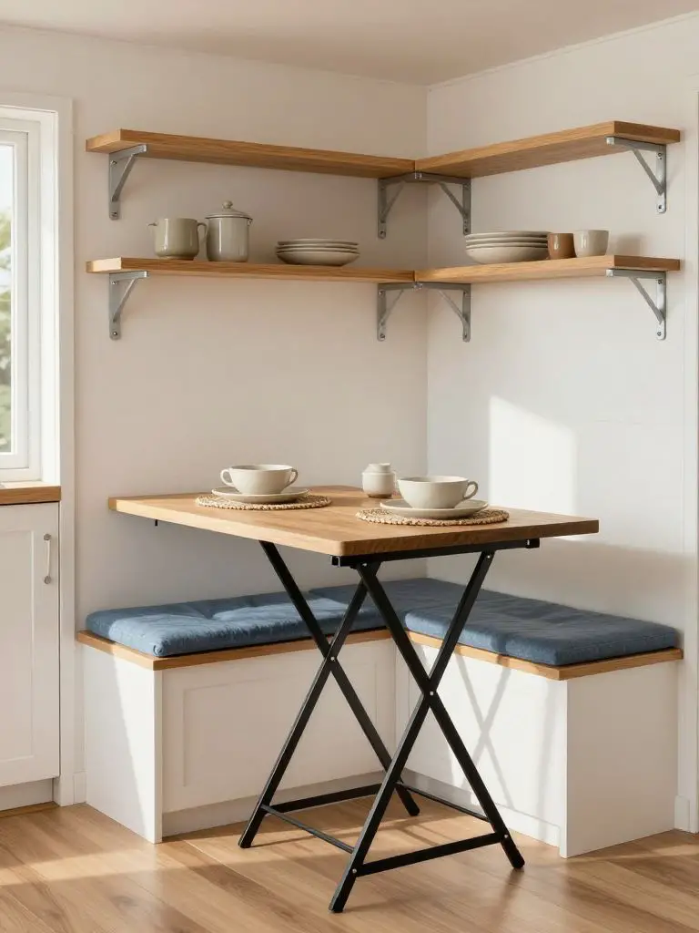 A space-saving tiny home kitchen featuring a fold-down dining table attached to the wall beneath open wooden shelving.