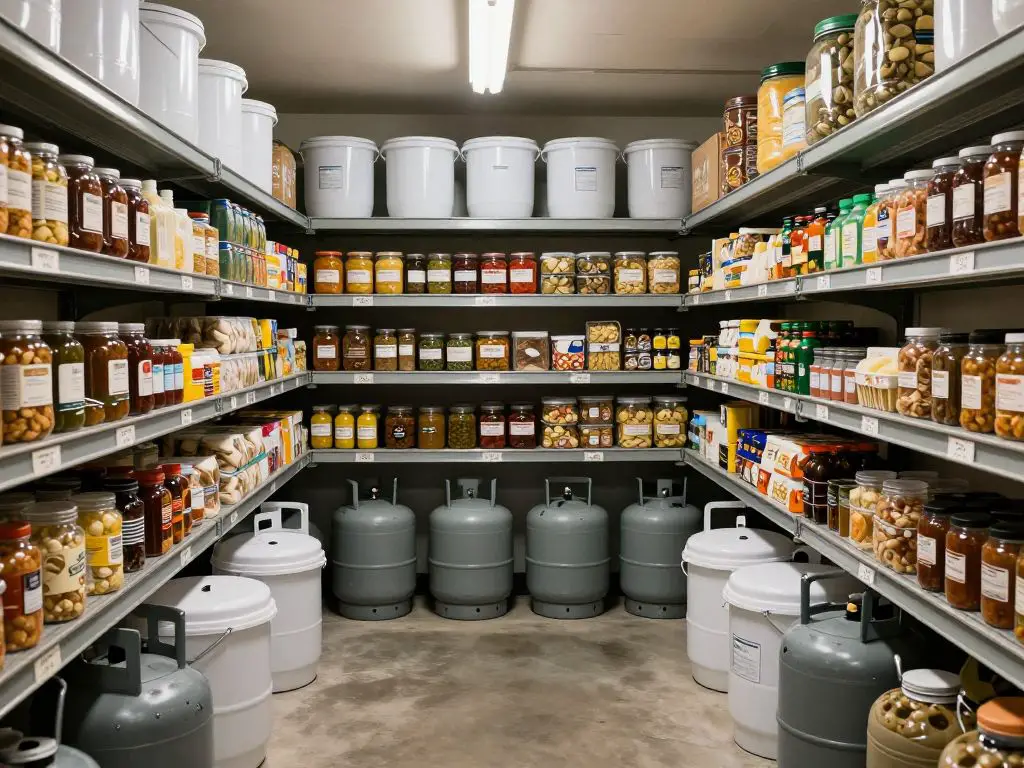 image of organized off-grid storage room with bulk food supplies, 5-gallon buckets, labeled shelving, propane tanks, preserved goods, orderl.