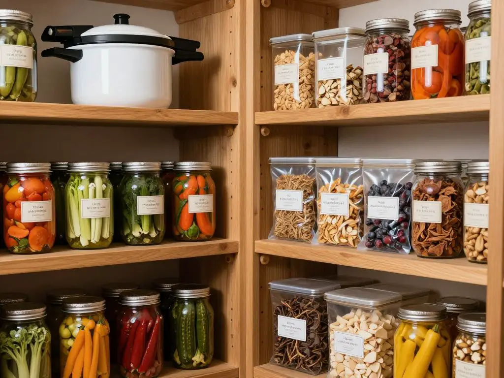 image of a well-organized homestead pantry with mason jars of preserved vegetables, dehydrated foods in labeled containers, pressure canner.