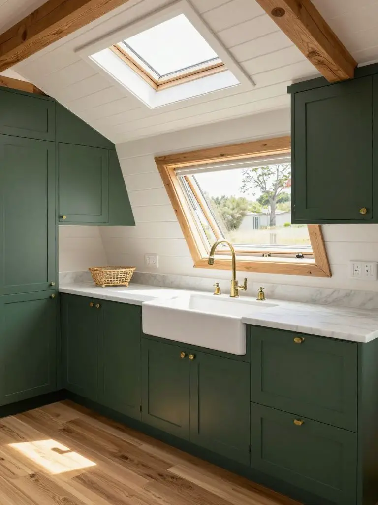 A compact off grid tiny house kitchen featuring deep forest green lower cabinets beneath a slanted ceiling with a skylight.