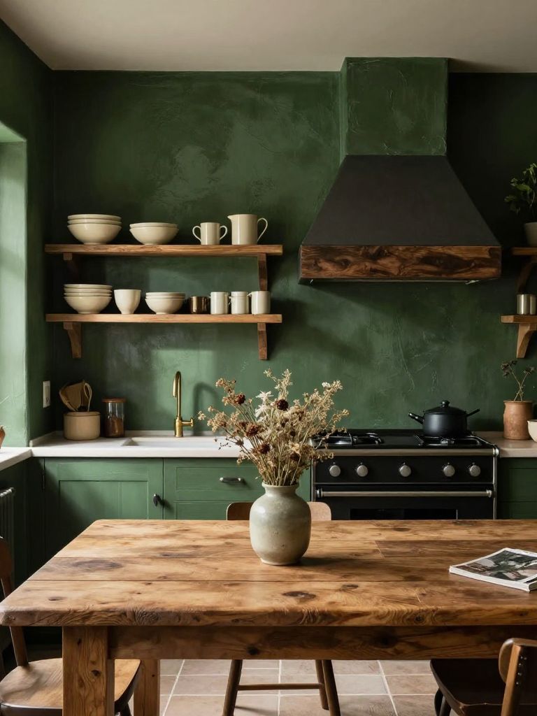 A cozy cottage-style earthy kitchen wrapped in deep forest green limewashed plaster walls, with a reclaimed wood dining table as the hero su.
