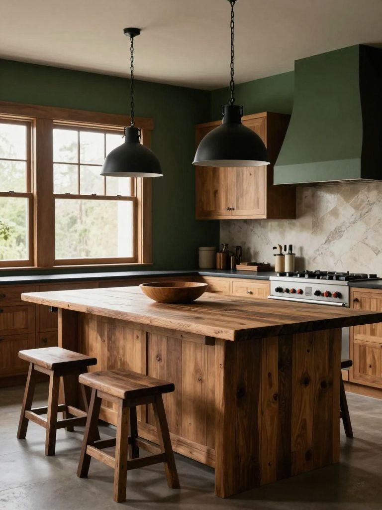 An earthy kitchen anchored by a reclaimed wood island beneath matte black industrial pendant lights.