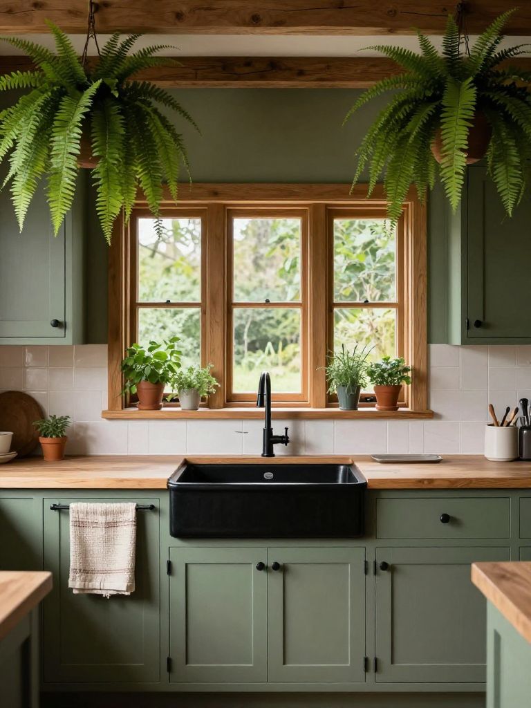 A forest green farmhouse earthy kitchen centered around a black apron-front sink beneath a trio of wood-framed windows.