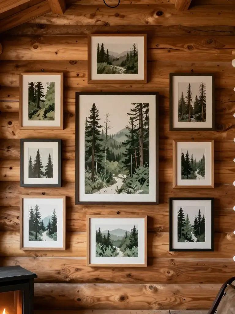 A forest-inspired winter cabin decor gallery wall styled against rounded log walls in natural pine.