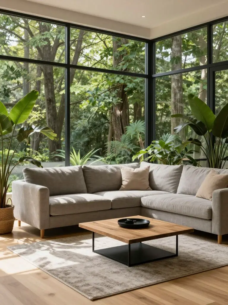 A sustainable forest-view living room designed with eco friendly interior principles and biophilic balance.