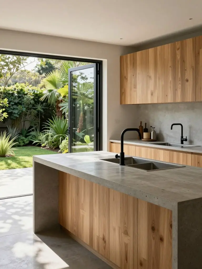 Photograph an airy, forward-thinking green home interior, with the foreground dominated by a recycled oak kitchen island topped in honed con.