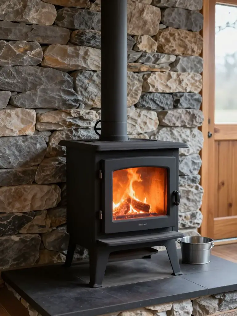 A close-up off grid tiny house heating setup featuring a freestanding matte black wood stove placed against a stacked stone accent wall.