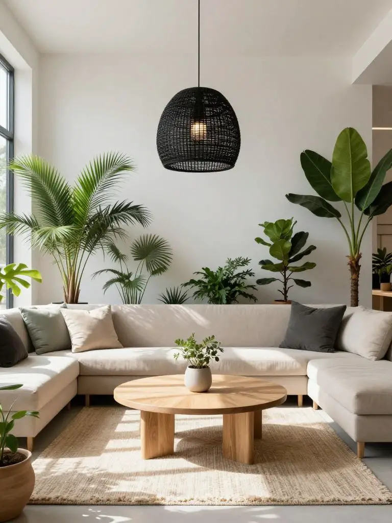 A fresh contemporary eco lounge filled with large indoor plants and clean-lined furniture.