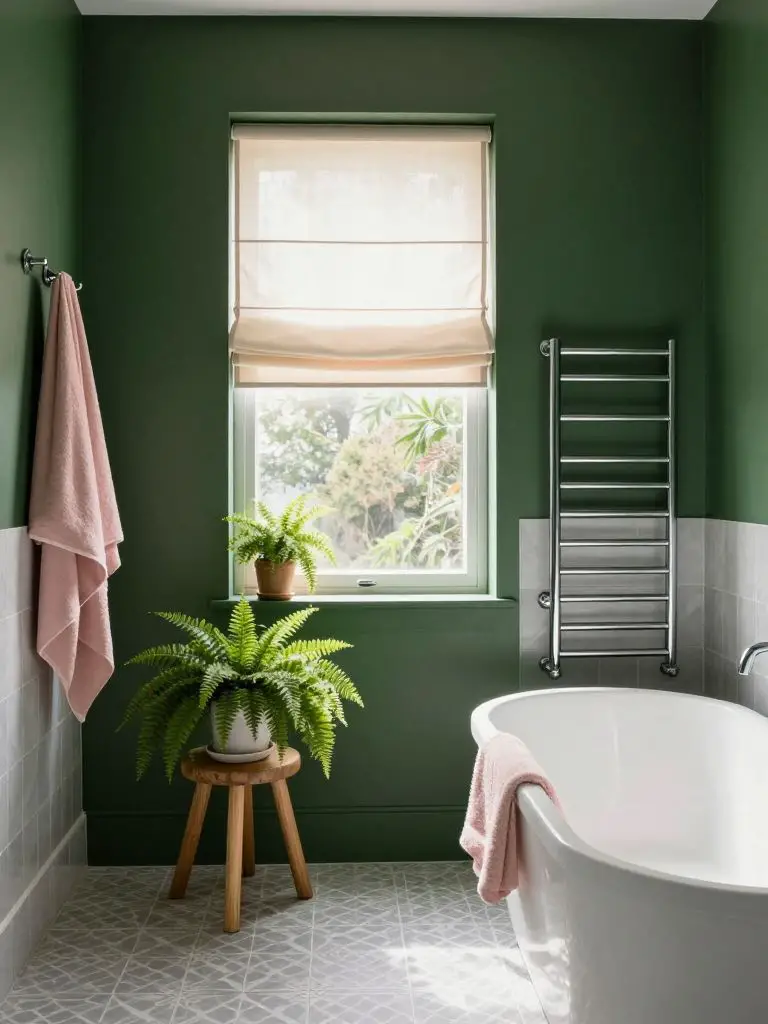 A bright yet rich dark green bathroom styled in a fresh transitional design with botanical accents.