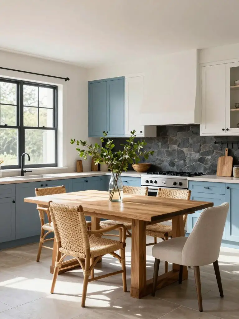 A fresh farmhouse-inspired cabin kitchen featuring soft blue cabinetry as the standout element in these cabin decorating ideas.