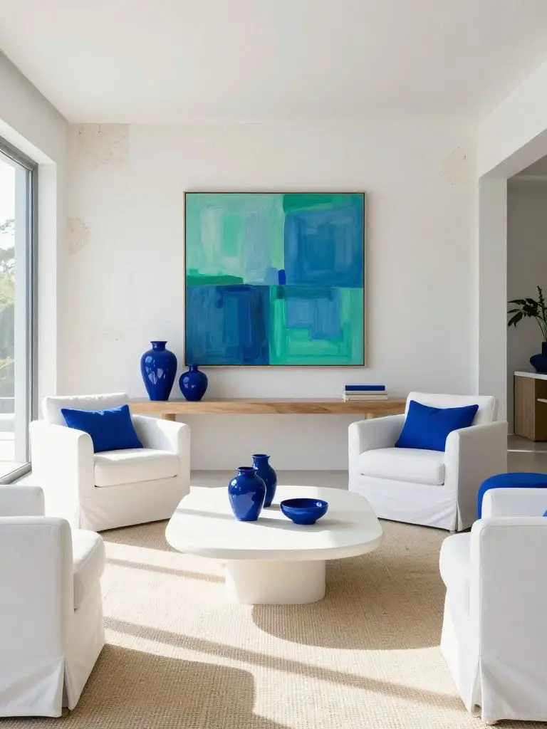 A fresh white stylish minimalist living room infused with bold cobalt blue accents, featuring two crisp white armchairs facing a sleek low-p.