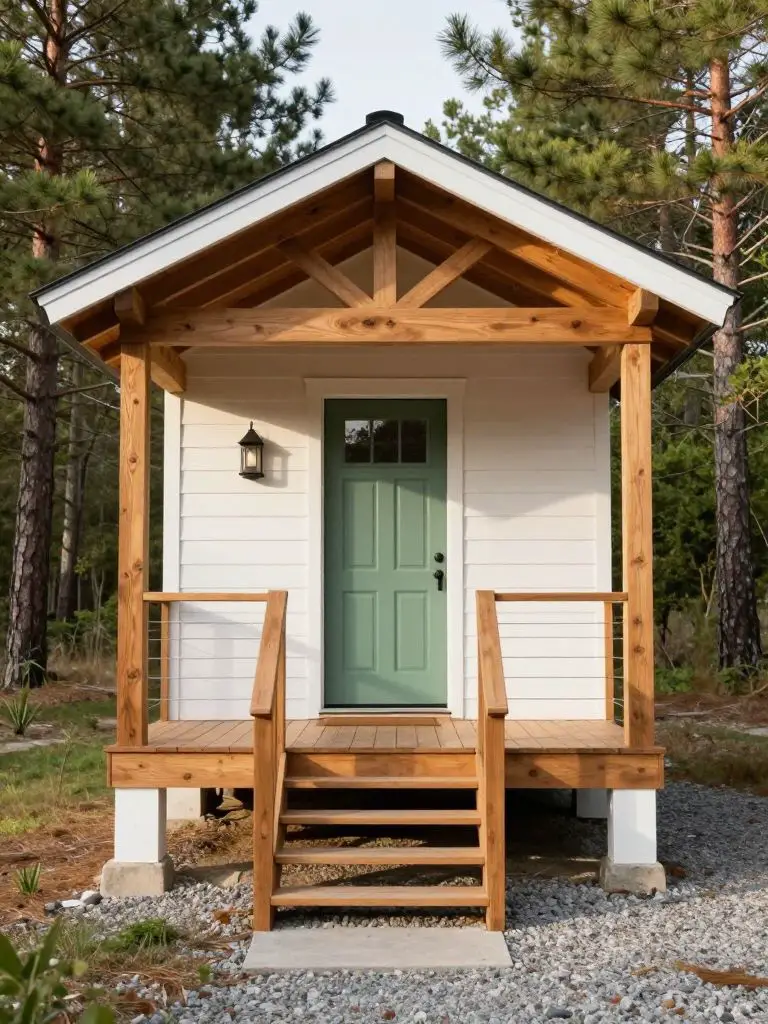 A front-porch-focused tiny small cabin idea set within a wooded clearing, blending Cottage Rustic with modern trim details.