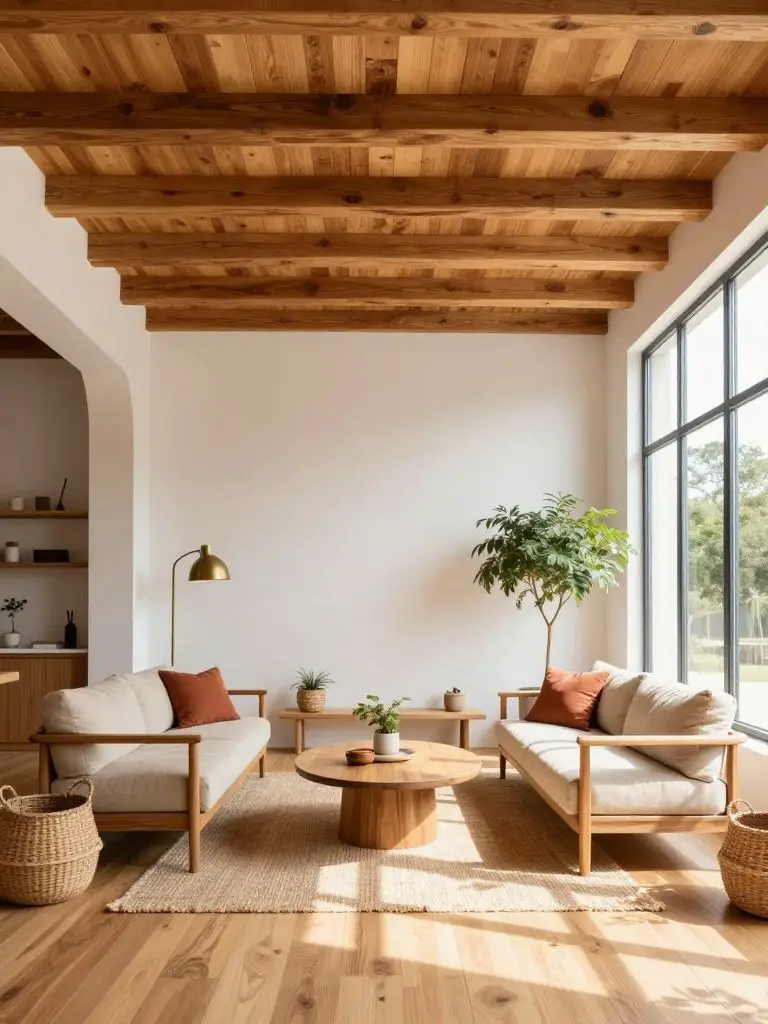 Sustainable sitting area with FSC-certified wood plank ceiling and exposed beams in a Modern Rustic aesthetic.