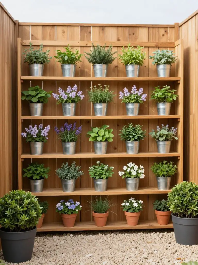 A full-height wooden fence transformed into a plant shelf wall with evenly spaced horizontal shelves holding small potted herbs and flowerin.