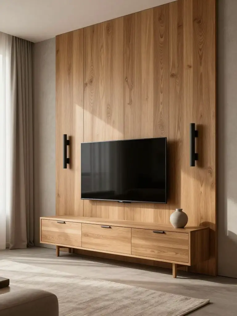 A full-height oak panel minimalist TV wall combining warm wood surfaces with soft concrete accents.