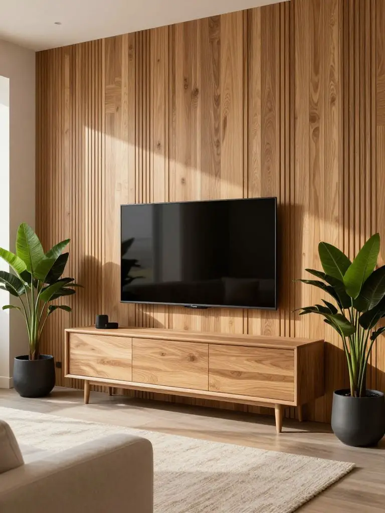 A full-height wood slat minimalist TV wall in a Scandinavian modern style.