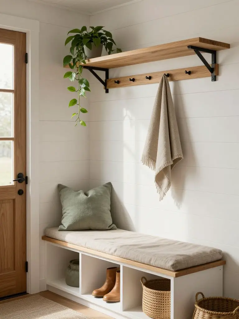 A Warm Minimalist tiny house mudroom entry featuring a built-in white storage bench with open cubbies.