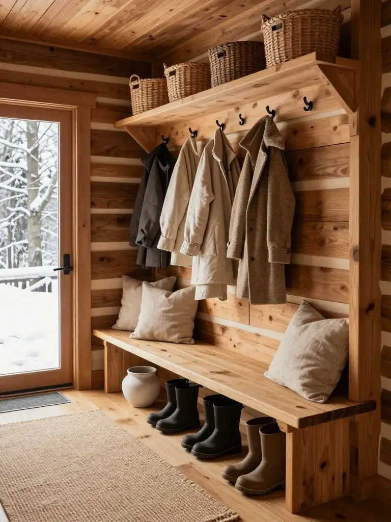 A functional winter cabin mudroom designed in modern rustic farmhouse style, featuring log cabin walls in warm honey brown and a built-in wo.