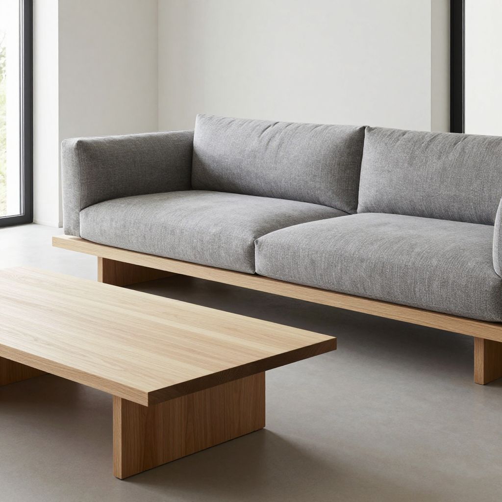 interior shot of a contemporary minimalist living space with clean-lined furniture, showcasing a low-profile platform sofa in warm gray fabr.