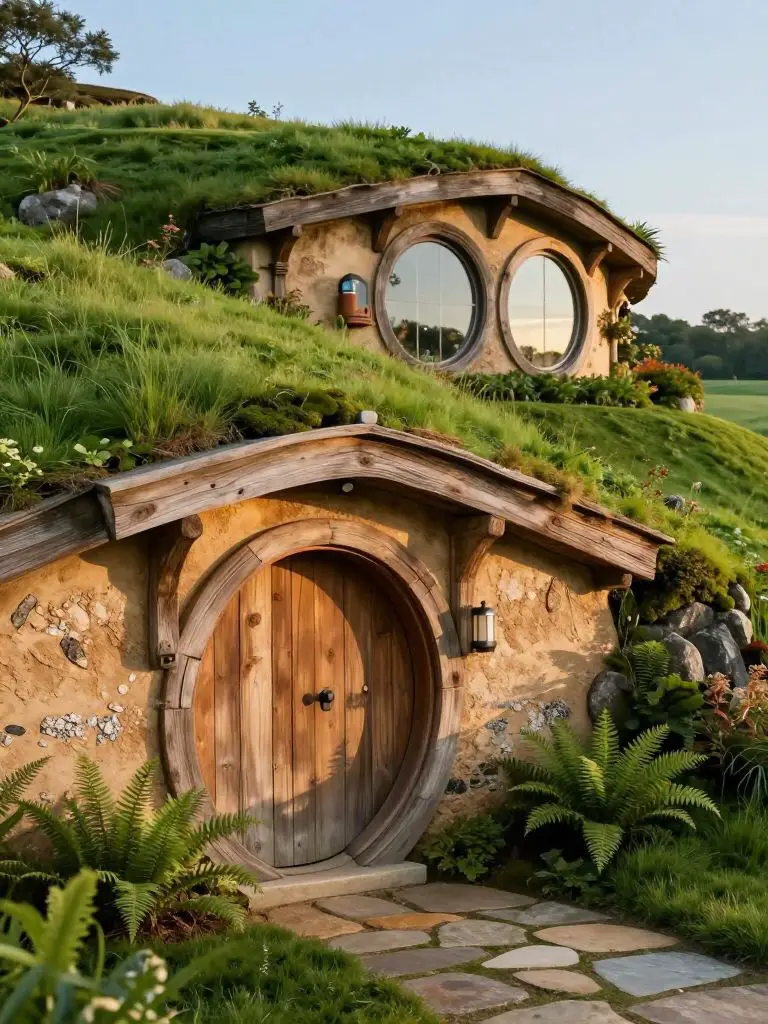 Photograph a futuristic eco-dwelling inspired by hobbit homes, partially embedded into a verdant hillside with a living green roof and circu.