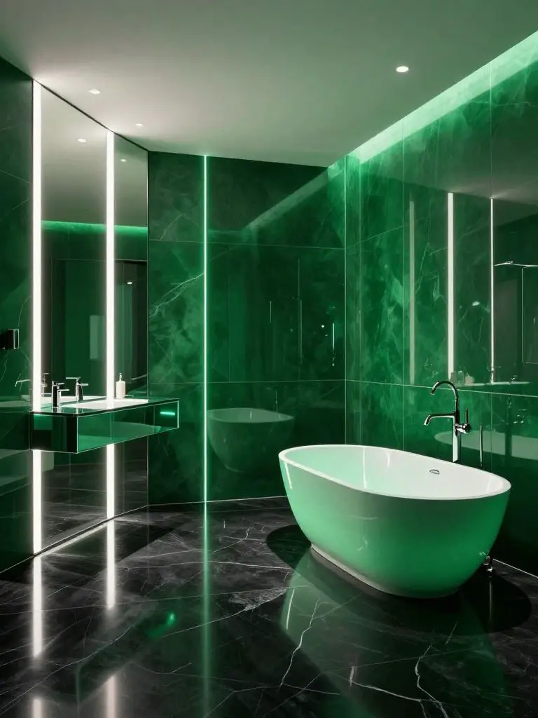 A futuristic emerald green bathroom with high-gloss emerald wall panels and reflective black stone flooring.