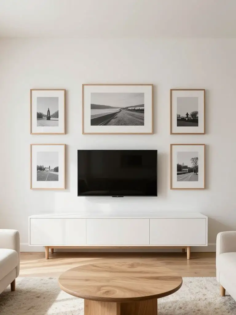 A minimalist gallery wall TV arrangement featuring six evenly spaced framed black-and-white prints arranged symmetrically around a centered.