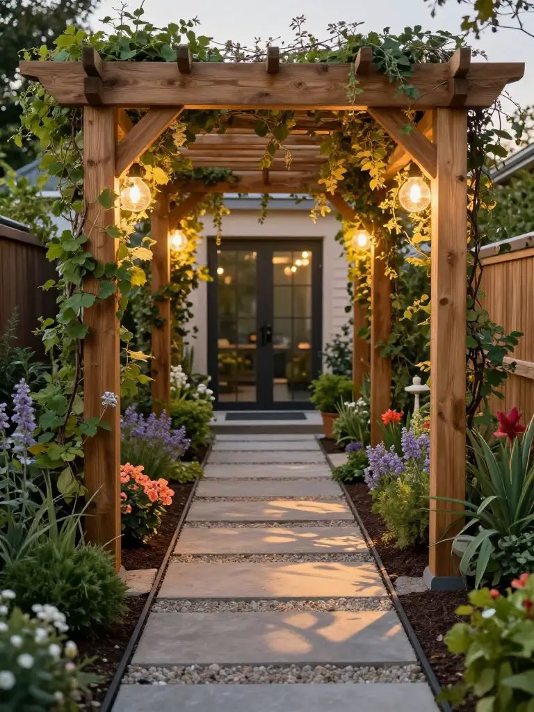 A small backyard garden pathway framed by a wooden pergola arch draped in climbing greenery and warm globe lights.