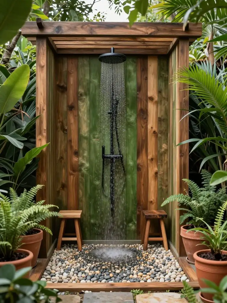 A garden-enclosed off grid shower designed in modern rustic style with vertical timber walls and an open pergola above.