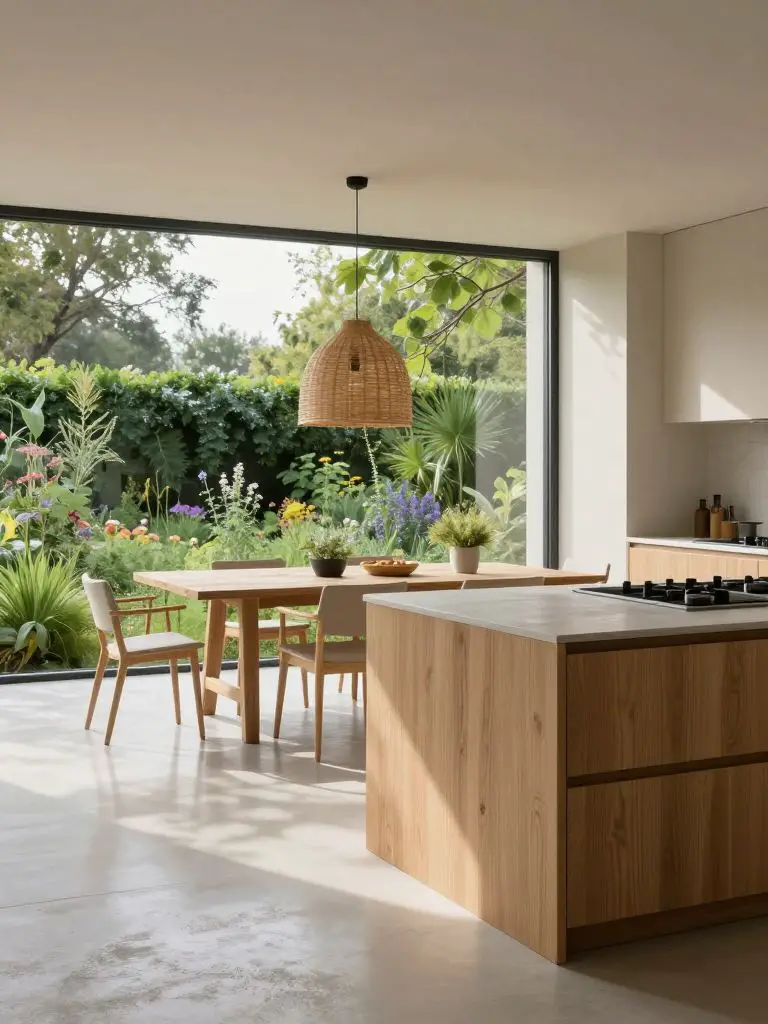 Photograph an , hyper- minimalist Scandinavian kitchen with an expansive floor-to-ceiling glass wall revealing a lush, biodiverse edible gar.