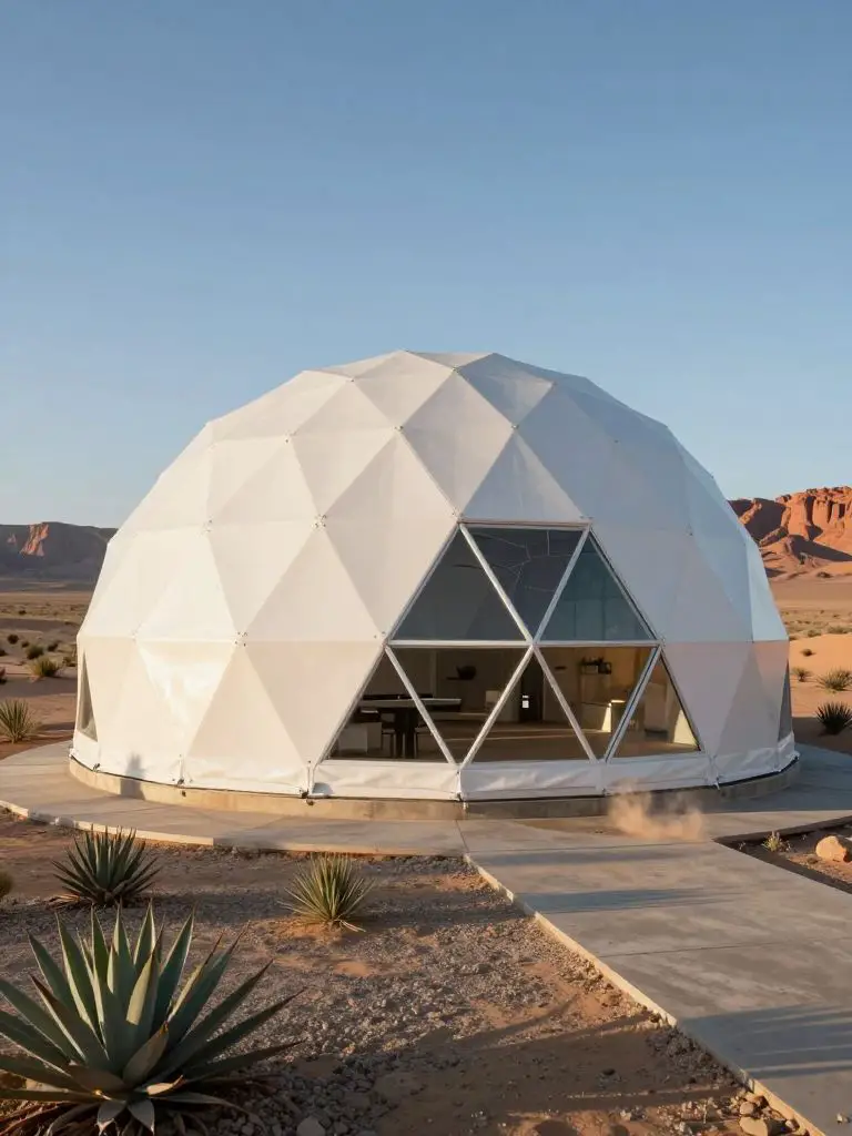 An hyper- architectural photograph of a geodesic dome home engineered for desert survival, its triangulated matte-white composite panels and.