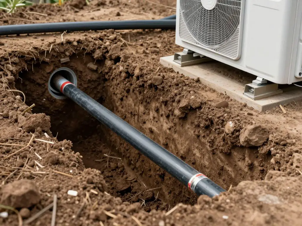 photography of geothermal ground loop installation, underground pipes visible in cross-section view of earth with rich soil texture, modern.