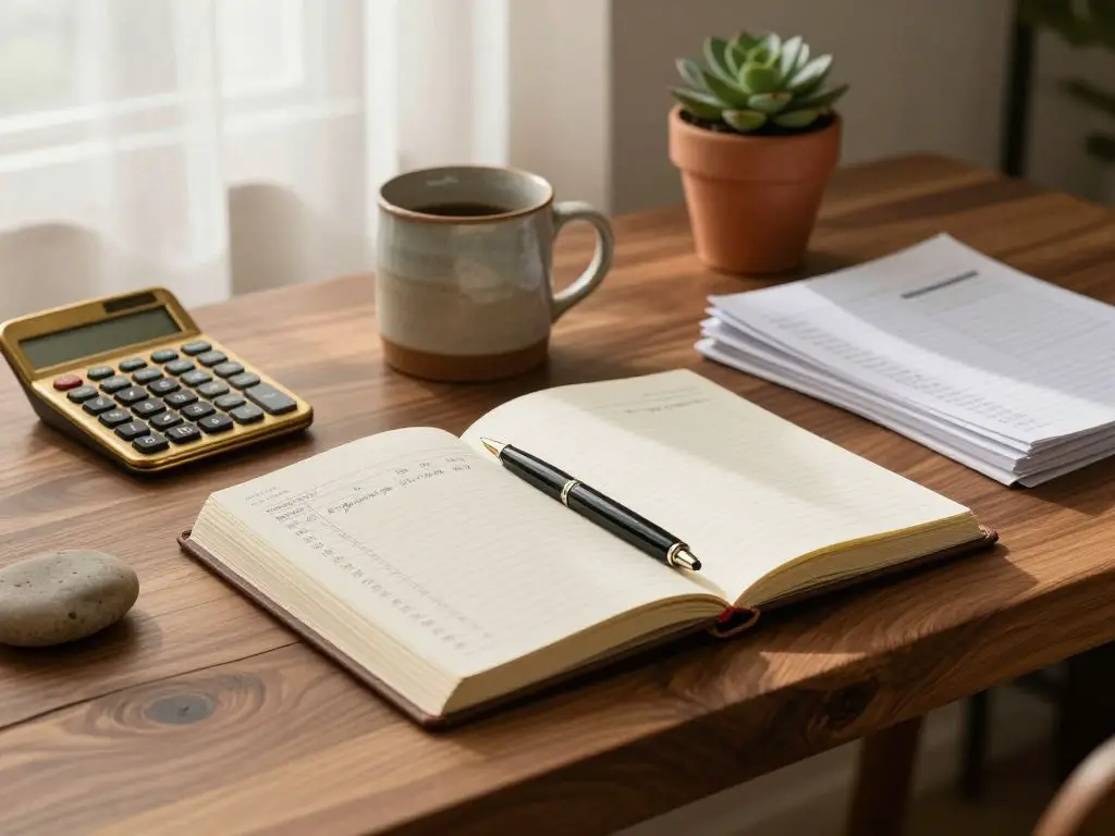 Close-up photograph of a curated financial planning station on a live-edge walnut desk in warm minimalist home office, featuring an open led.