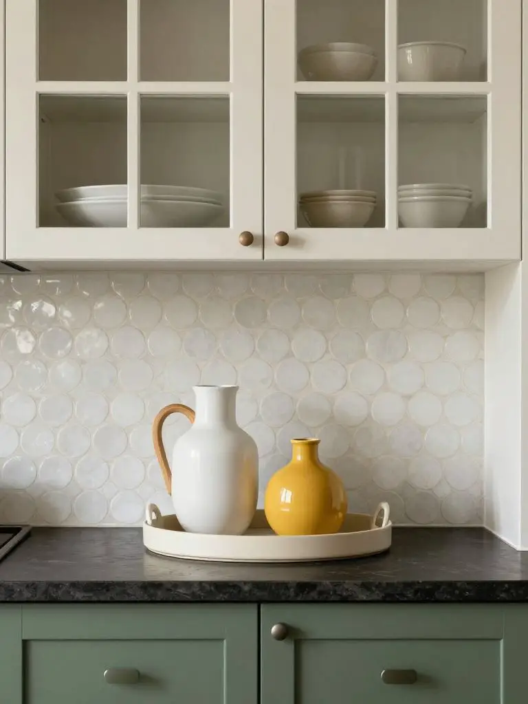 A close-up kitchen vignette in a warm minimalist style with subtle eclectic accents, highlighting white shaker upper cabinets with glass fro.