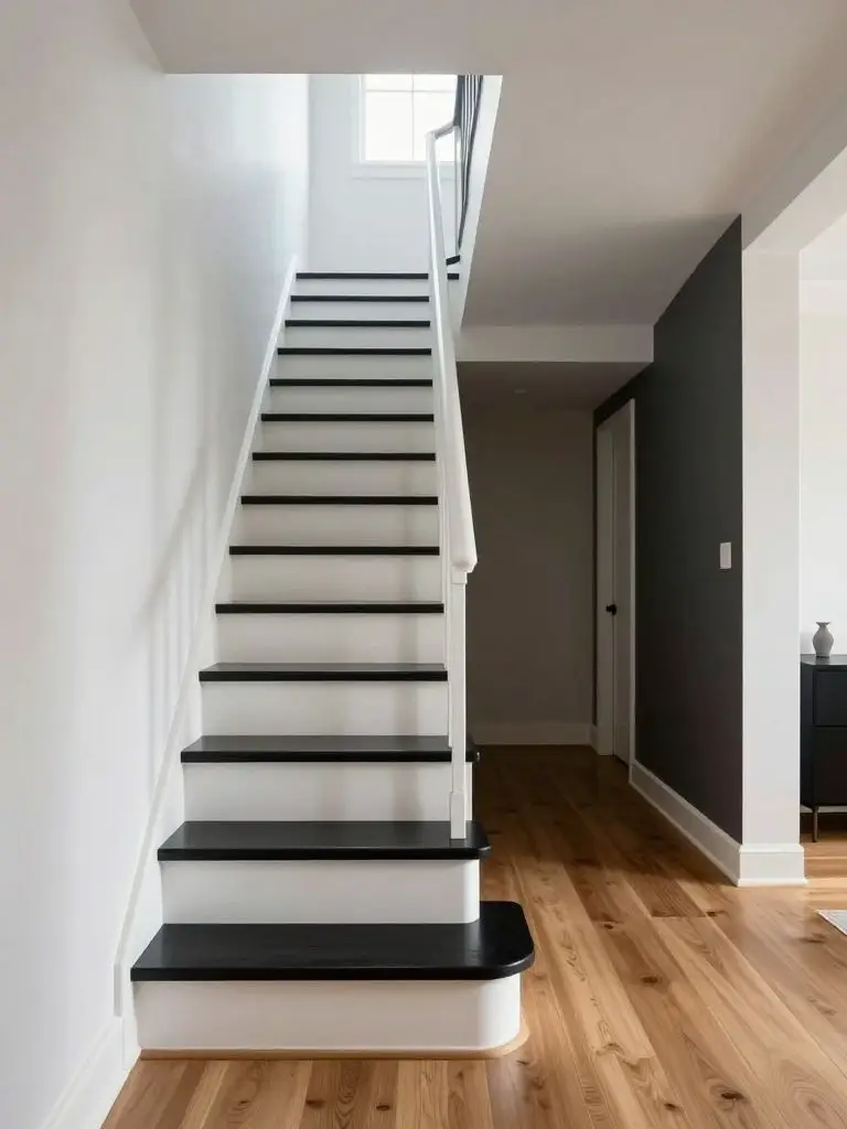 A contemporary staircase hallway with a bold modern contrast design, featuring white stair risers paired with deep charcoal black treads for.