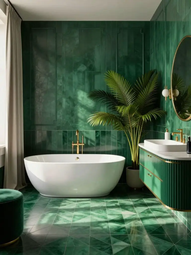 A glamorous emerald green bathroom designed in a modern classic style with subtle Art Deco influence.