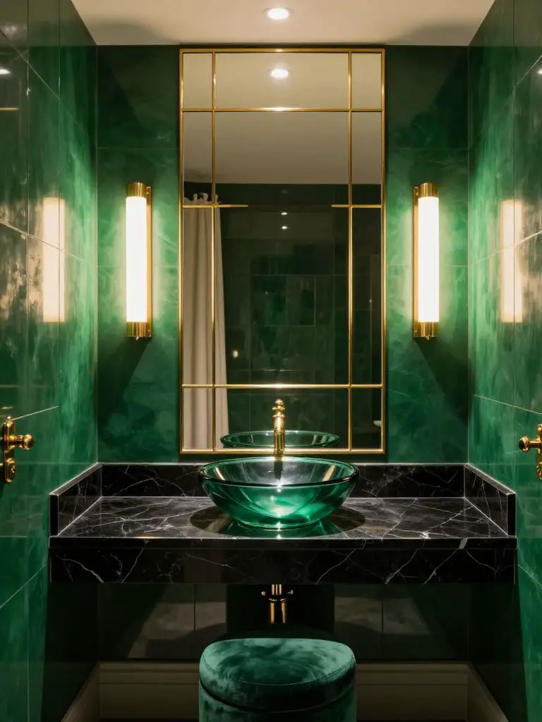 A glamorous emerald powder room with high-gloss emerald wall panels and a striking gold grid mirror spanning the vanity wall.