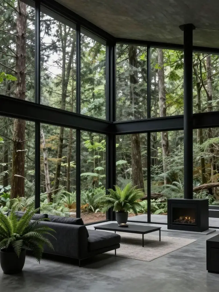 interior of a modern forest retreat with floor-to-ceiling glass walls, minimal black steel framing, and view of dense woodland.