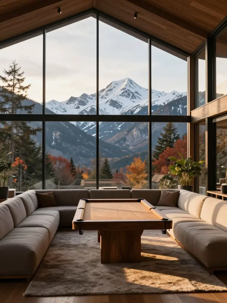A dramatic Japanese Scandinavian glass wall lounge overlooking snow-capped mountains, merging Nordic architecture with Japandi warmth.