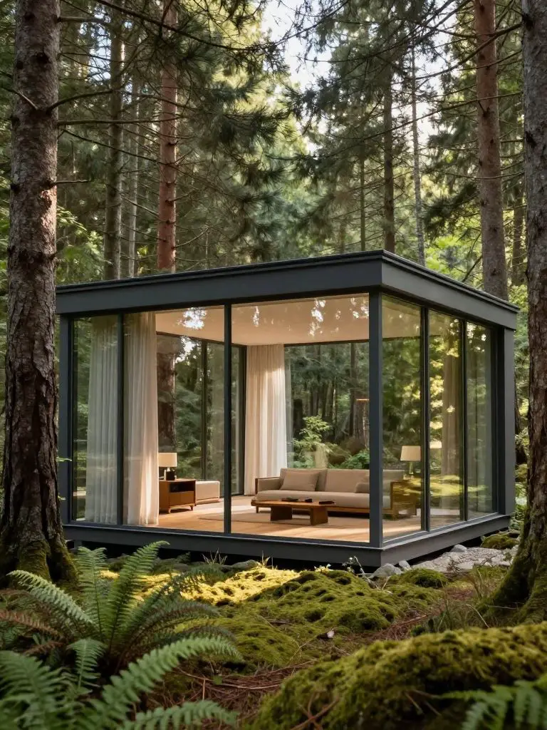 Showcase a glass-walled woodland escape perched lightly among tall fir trees, the transparent façade revealing a sophisticated, minimalist i.