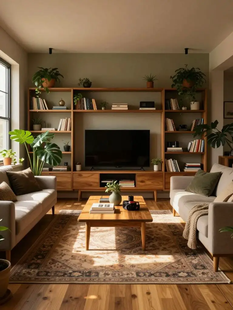 A golden-hour modern earthy living room featuring mid-century inspired wood shelving integrated around a television wall.