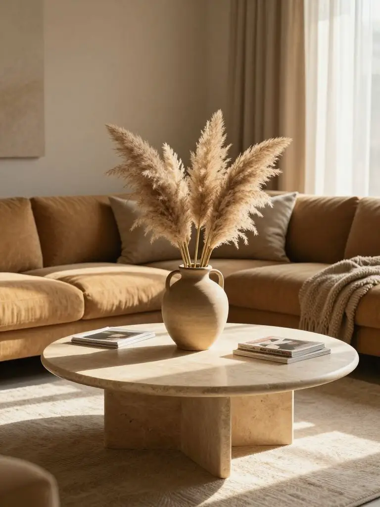 A golden hour cozy earthy living room featuring a warm tan sectional arranged around a soft curved stone coffee table.