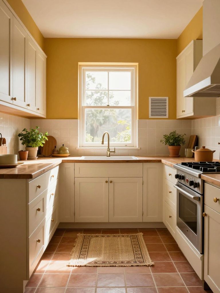 A golden ochre earthy kitchen featuring warm mustard-toned walls, creamy white cabinetry, and terracotta tile flooring arranged in a grid pa.
