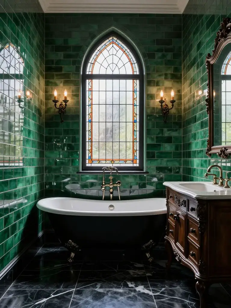A gothic-inspired emerald green bathroom featuring glossy emerald subway tile walls reaching toward a pointed stained glass window as the he.