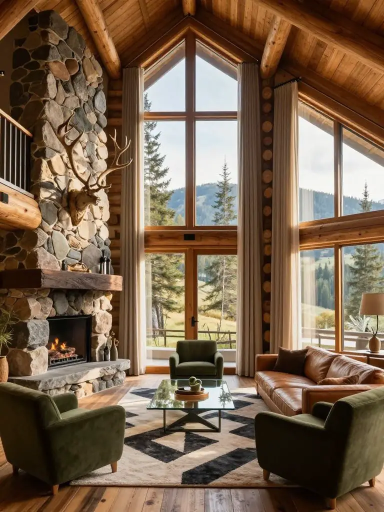 A dramatic mountain cottage great room with towering log walls and panoramic triangular windows, designed in Rustic Lodge style with a Warm.