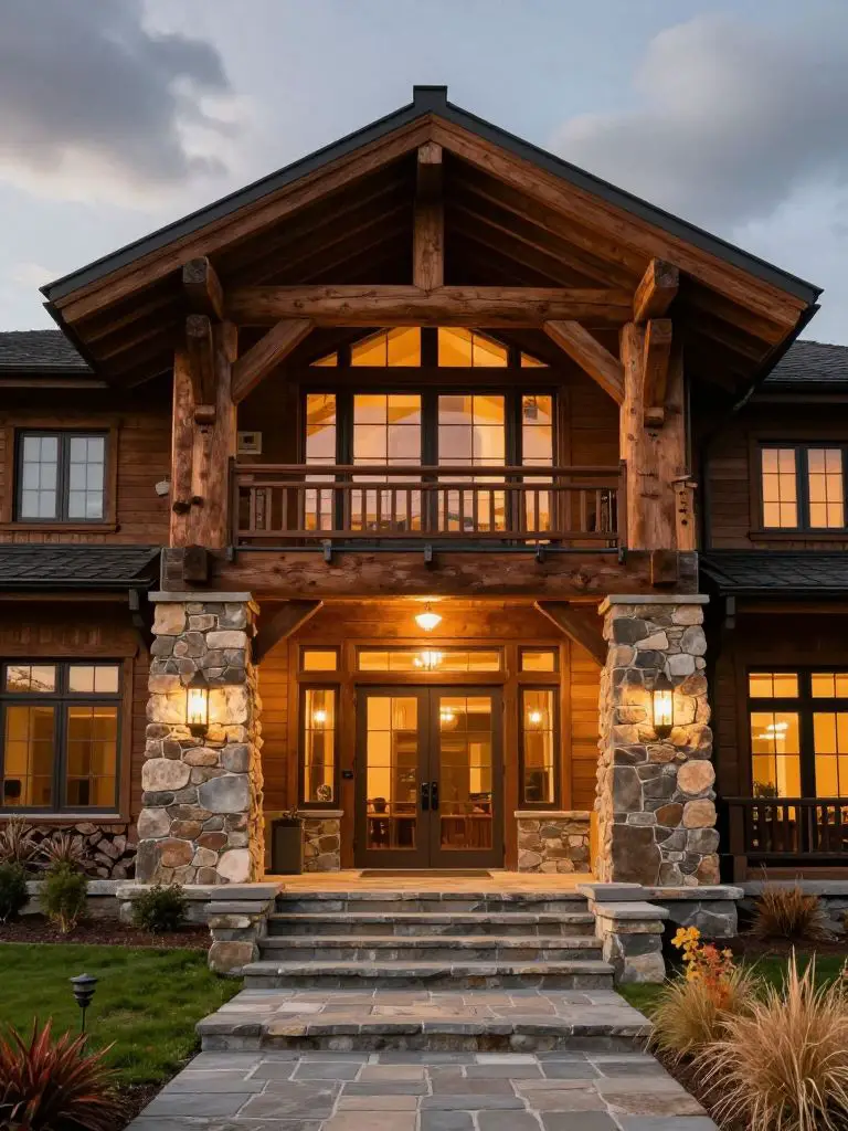 A grand mountain-style modern rustic cabin design exterior combining stacked stone columns and heavy timber beams.
