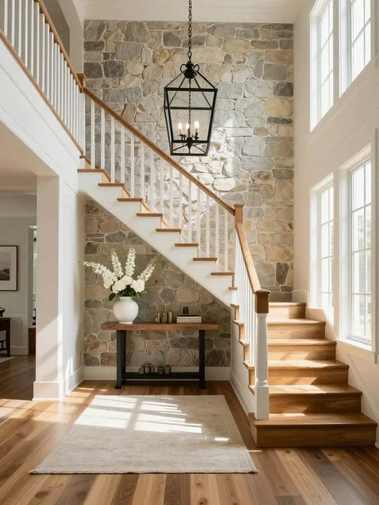 A grand rustic entryway in Transitional Rustic style featuring a stone accent wall as the dramatic backdrop.