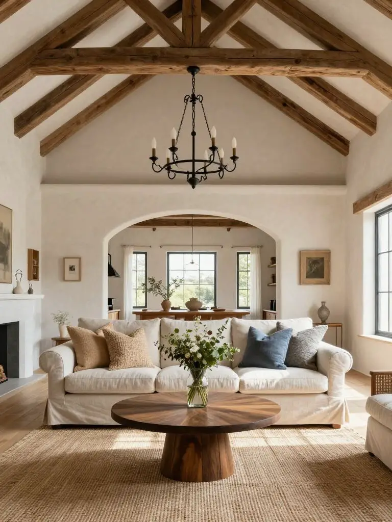 A grand rustic living room interior in Modern Rustic style featuring soaring vaulted ceilings with exposed reclaimed timber beams and a blac.
